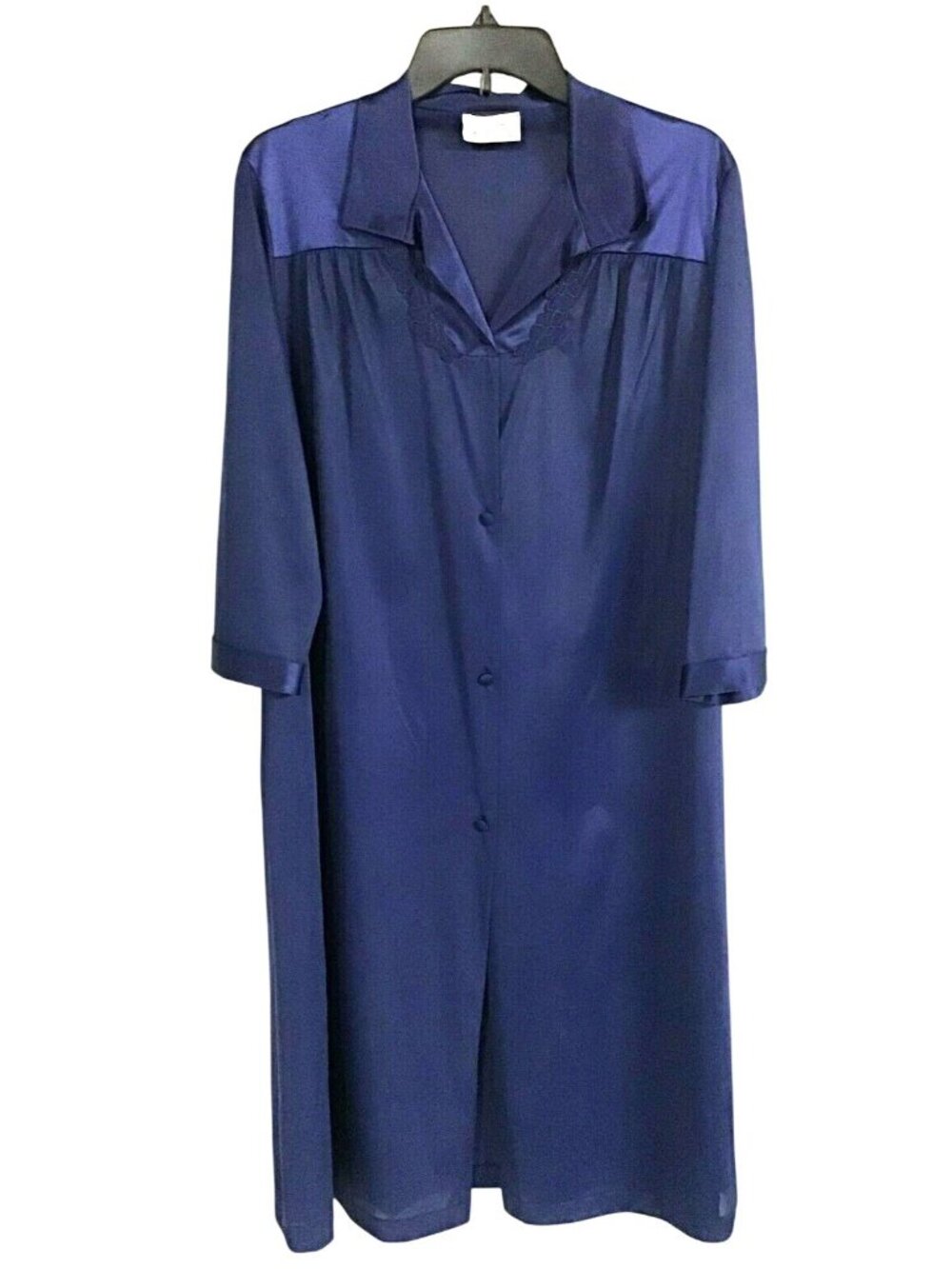 Vanity Fair Vintage 1980s Medium Nylon Navy 3/4 Sleeve Covered Button Robe